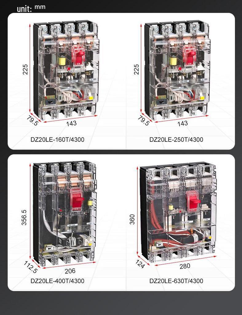 Transparent 4P Residual Current Circuit Breaker DZ20L-630T/4300, 630A, Three-Phase Electric, Four-Wire.