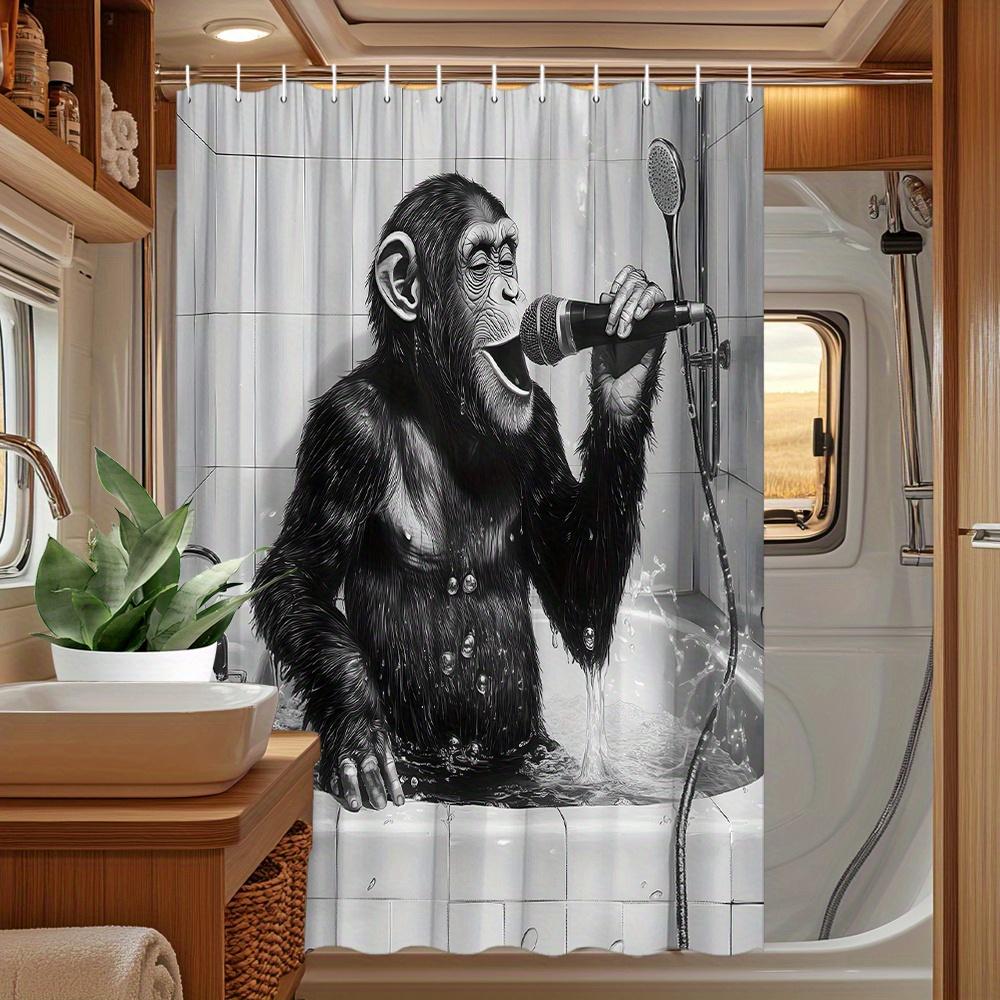 1Pc Funny Singing Chimpanzee Shower Curtain - Modern Fashion Polyester Bathroom Decor With 12 Hooks