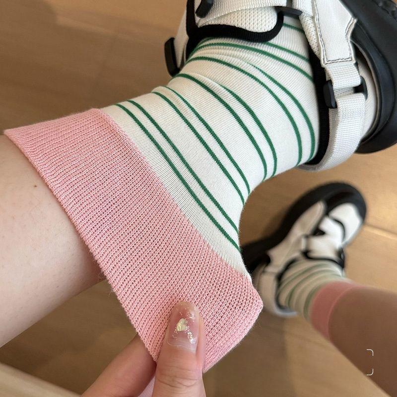 Striped Socks for Women, Mid-calf Socks, Trendy Pure Cotton Spring and Autumn Style, Retro Striped Student Summer Boneless Long Socks