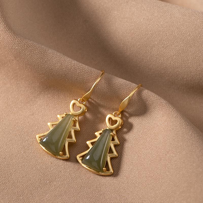 Yi Lu Yin S925 Gold-Plated Sterling Silver Christmas Tree Jade Earrings for Women