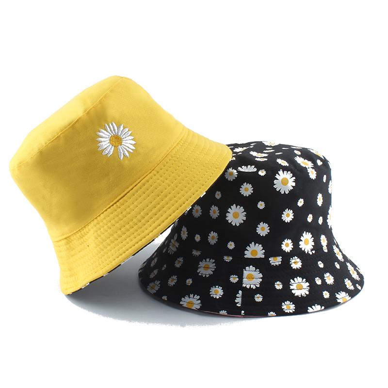 Sommer-Gänseblümchen Eimerhut Damen Mode Baumwolle Strand Sonnenhüte Wende Bob chapeau Femme Blumenhut Fischerhut