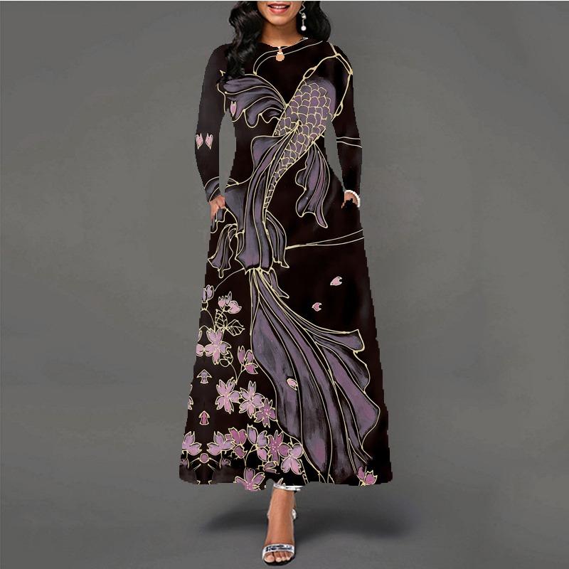 Women's large-size dress digital printing long-sleeved pendulum D temperament elegant