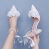 Coarse Heel Pointed Sandals Women's Beaded Ribbon Sandals White Bow Wedding Bridal High Heels Large Size Women's Shoes