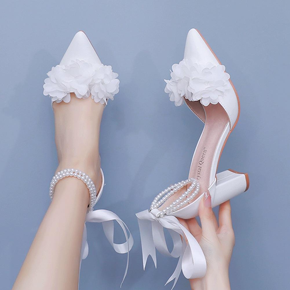 Coarse Heel Pointed Sandals Women's Beaded Ribbon Sandals White Bow Wedding Bridal High Heels Large Size Women's Shoes