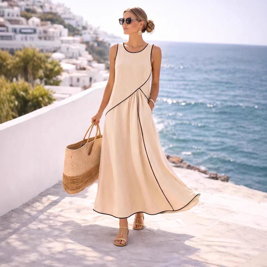 Summer New Women's Mediterranean Vacation Style Dress Women's Color Block Ruffled A-Line Dress