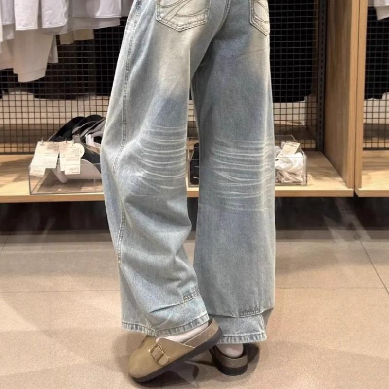 Tall Plus Length American Retro Pocket Embroidered Wide Leg Jeans for Women Loose Slimming Straight Floor-length Scimitar Pants S синий