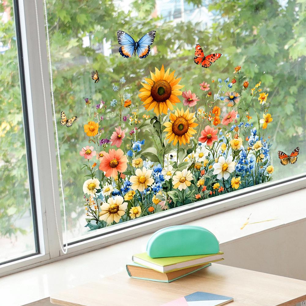 Painted Sunflower and Butterfly Balcony Glass Home Beautification and Decoration Static Electricity Window Stickers