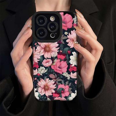 Vertical Grain Leather Floral Flowers Printed Nice Touch Feeling Soft Silicone Phone Case Back Cover with Camera Lens Full Protection