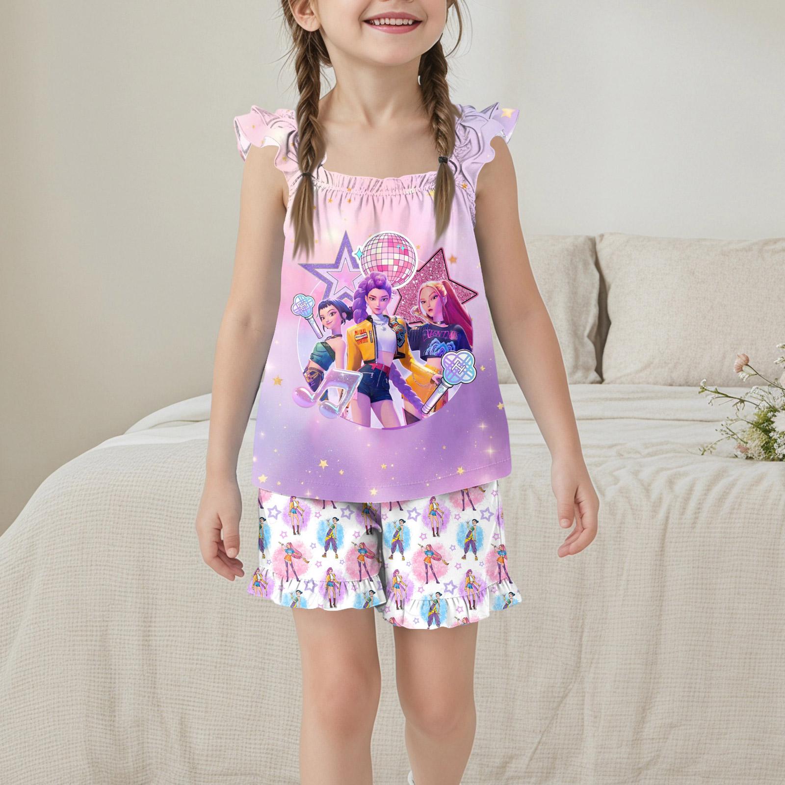 Girls Sleeveless Top and Shorts Set Loose Fit Casual Homewear Outfit Printed Design Comfortable Summer Pajama Set 130