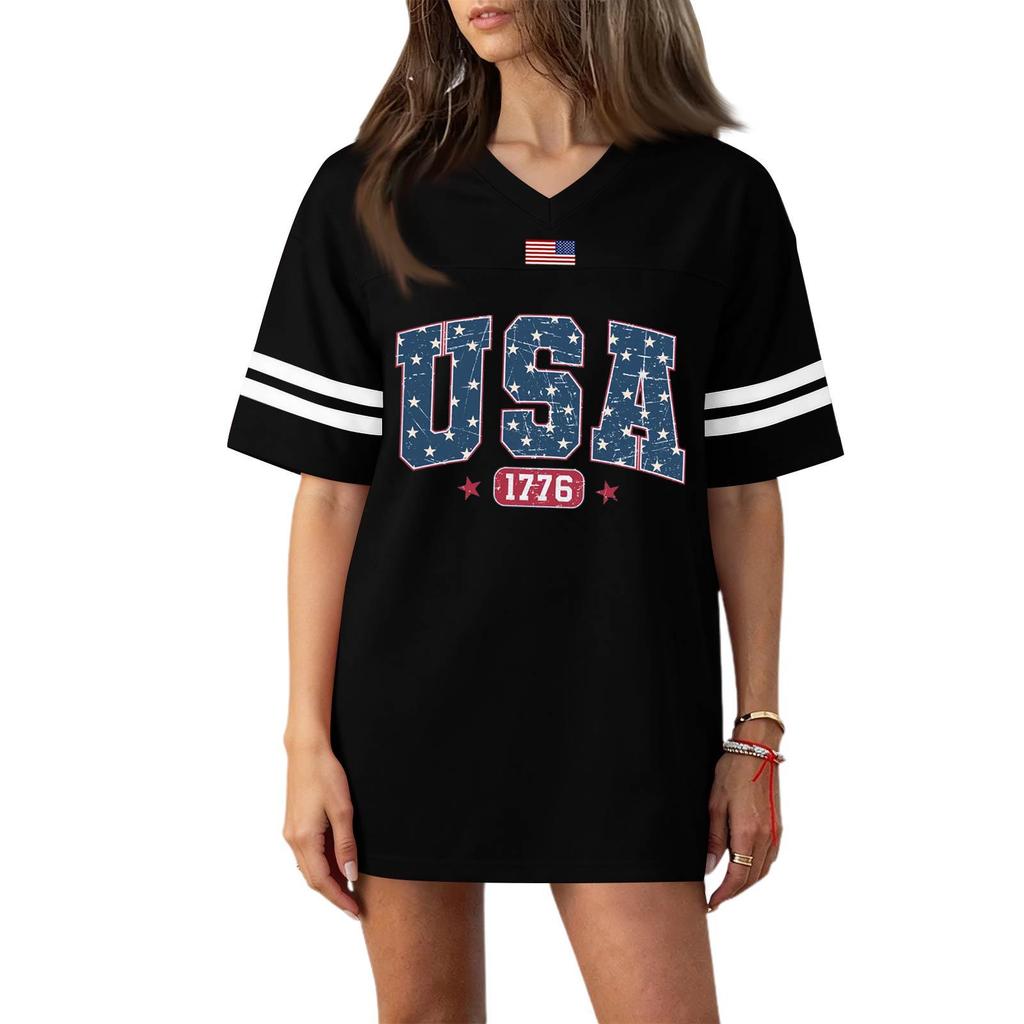 Damen Casual Mode V-Ausschnitt Sport Unabhängigkeitstag Druck Kurzarm Sport T-Shirt Top