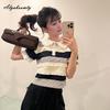 Korean Fashion Summer Women Striped T-Shirt Peter Pan Collar Contrast Color Stripe Ruffles Tee Knitting Casual Loose Basic Ladies' Top