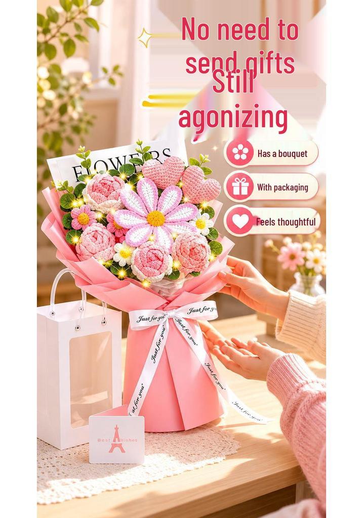 Handmade Knitted Yarn Bouquet: Crocheted Roses, Lilies, Tulips, and Gesang Flowers for Valentine's Day