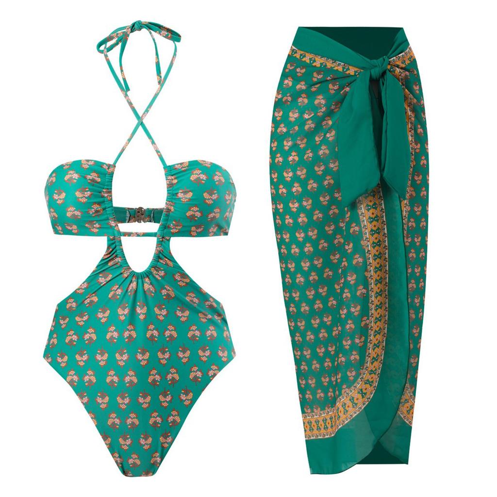Women 1 Piece Swimwear+1 Piece Cover UP Two Piece Vintage Print Swimsuit Monokini Bikini 2 Piece Swimsuits