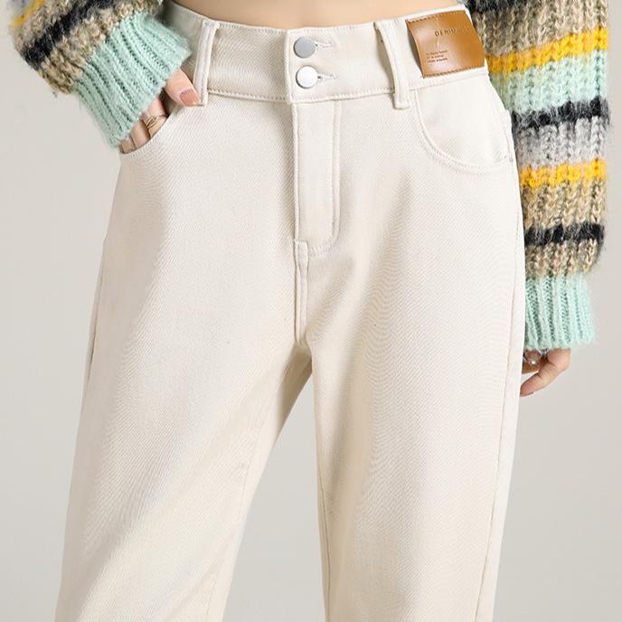 Haren Fleece Jeans for Women Autumn and Winter High Waist Loose Tight Waist Carrot Dad Pants for Women