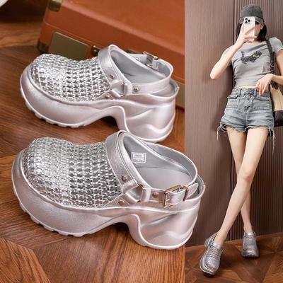 Fashion Thick Soled Sandals Women Summer 2025 New Hollow Out Breathable Sandals Versatile Silver Black Height Increasing Women's Shoes