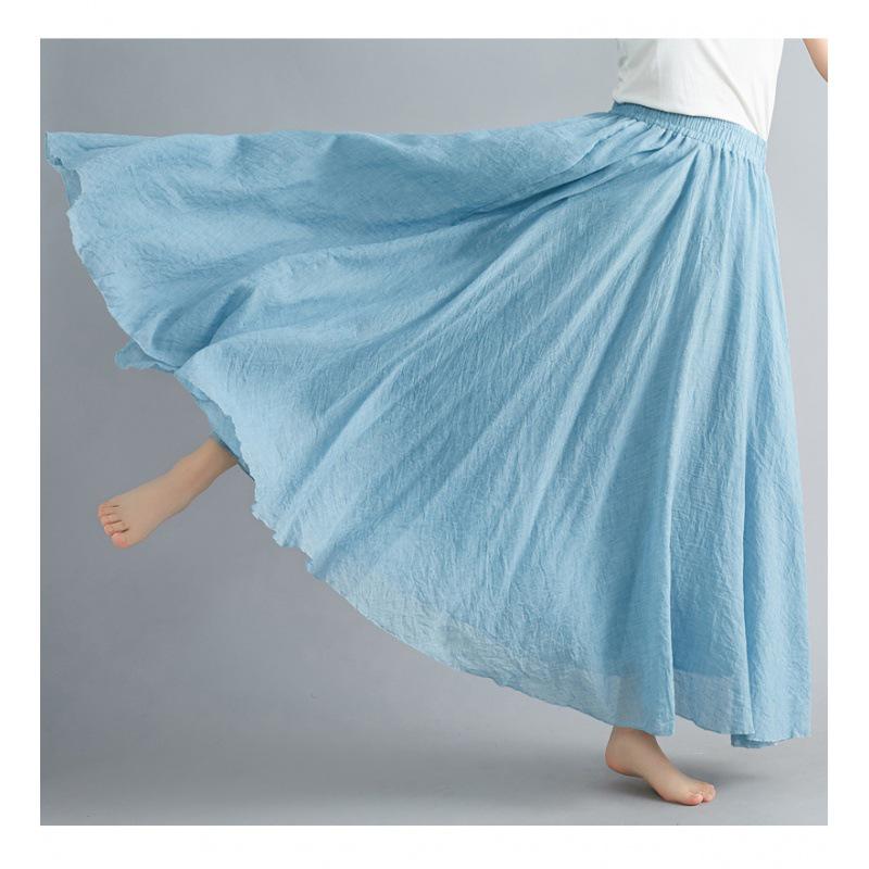 Mori Girl Plus Size Cotton Linen Midi Skirt - Elastic Waist, A-line, Solid Color, Ethnic Style, Long Length