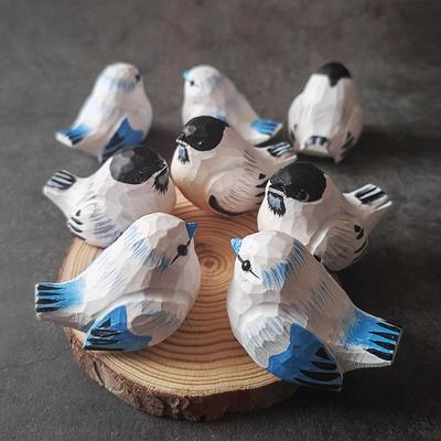 Hand-Carved Blue & White Wood Tit Ornament for Home & Office Decor