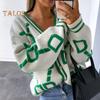 Damen Pullover Mantel V-Ausschnitt Langarm Buchstabenprint Einreihig Strickpullover Lockere Passform Warm Strickjacke
