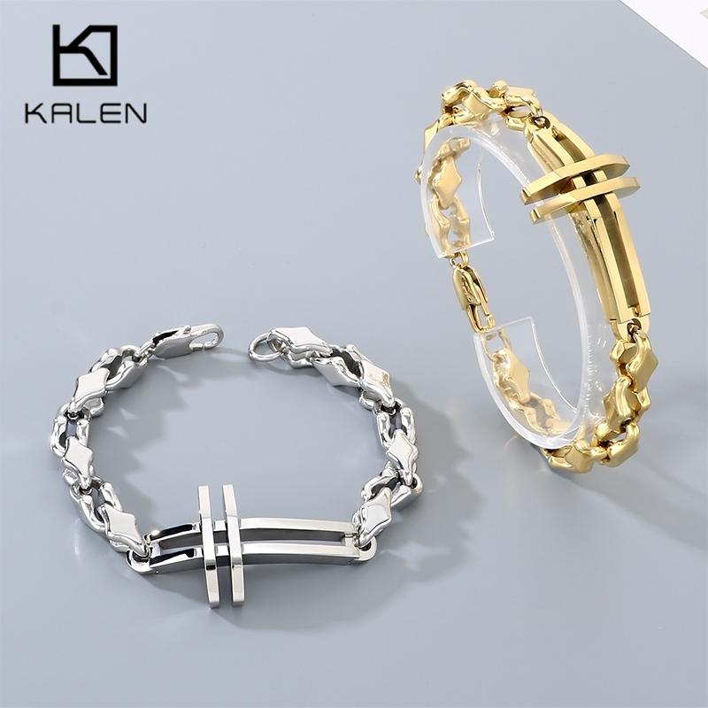 Polished Gold Color Stainless Steel Cross Bracelet for Men Women Irregular Chain Minimalist Religious Symbol Jewelry for Daily