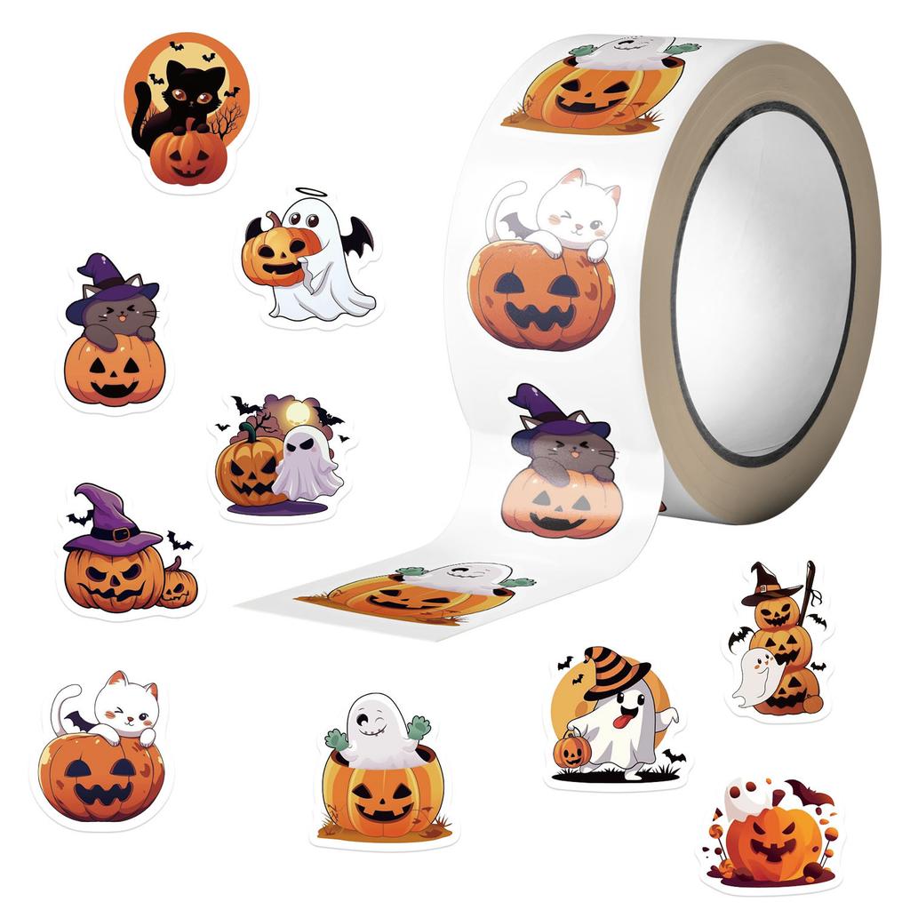 500 Pictures/roll Roll Sticker Tape Hot Spot Cartoon Halloween Pumpkin Handbook Material Decorative Envelope Mouth