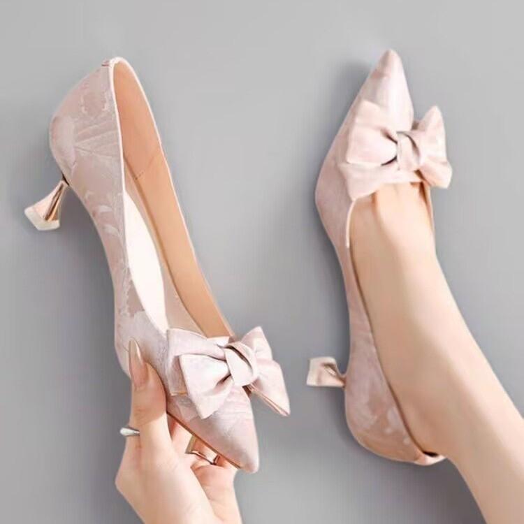 Fashion French High-heeled Women's 2025 New Autumn Chinese Thin-heeled Pink Non-tiring Bridesmaid Shoes Single Shoes