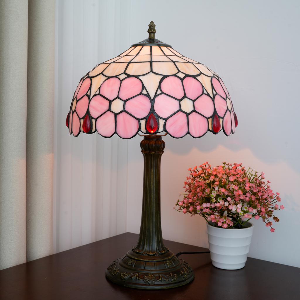 Modern Pink Cherry Blossom Table Lamp 12-Inch Color Glass Shade Artistic Lamp for Living Dining Room Bedroom Nightstand Decor