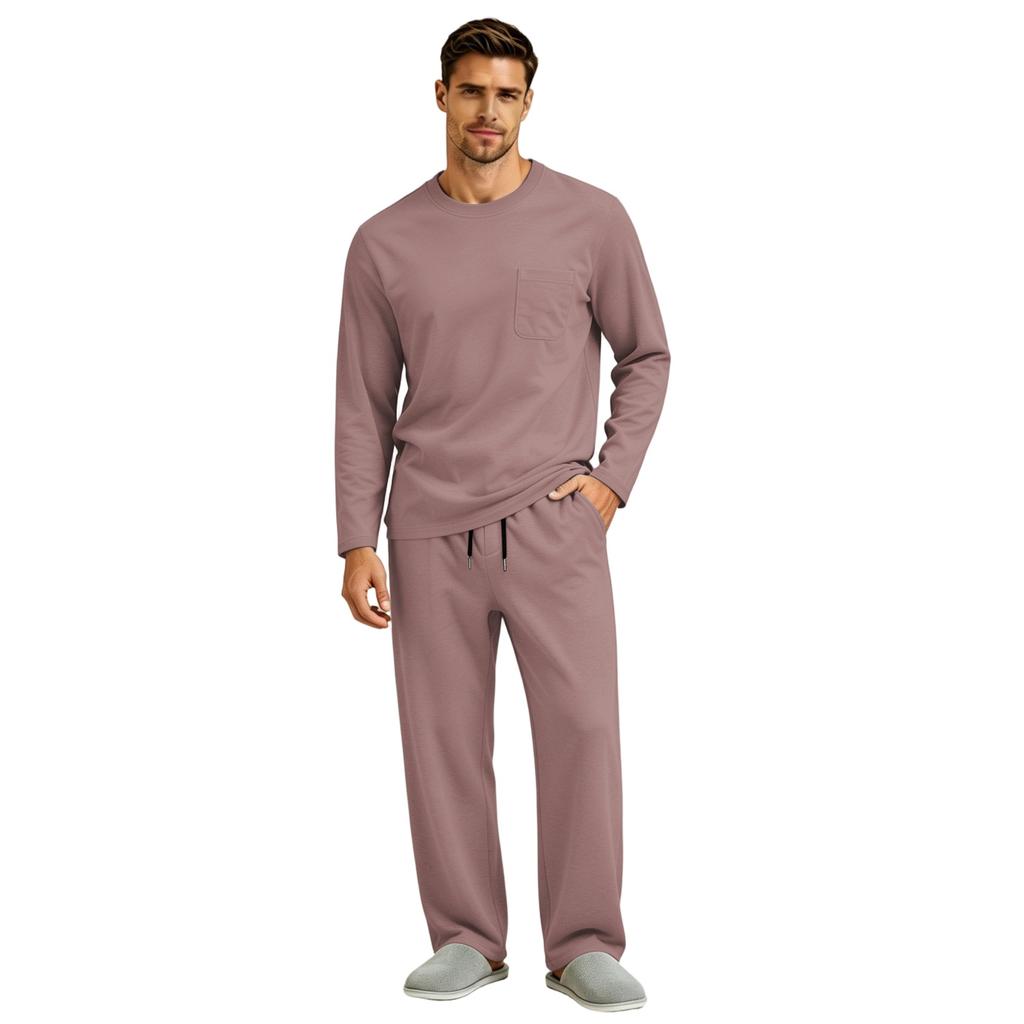 Men's Long Sleeve Pajama Set with Button Fly and Elastic Drawstring Waist for Sleep and