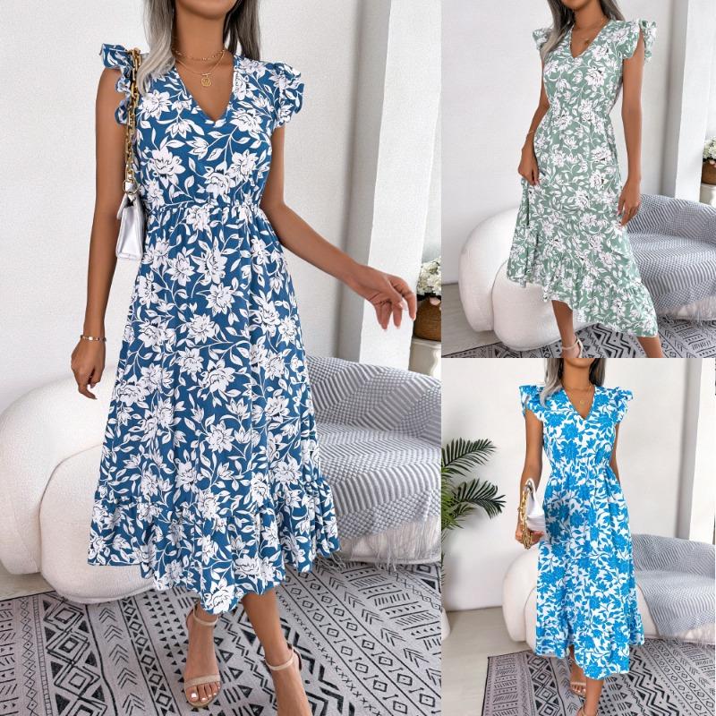 Women's Spring and Summer Leisure Wooden Ear Edge Flower Waist Long Skirt Holiday Dress