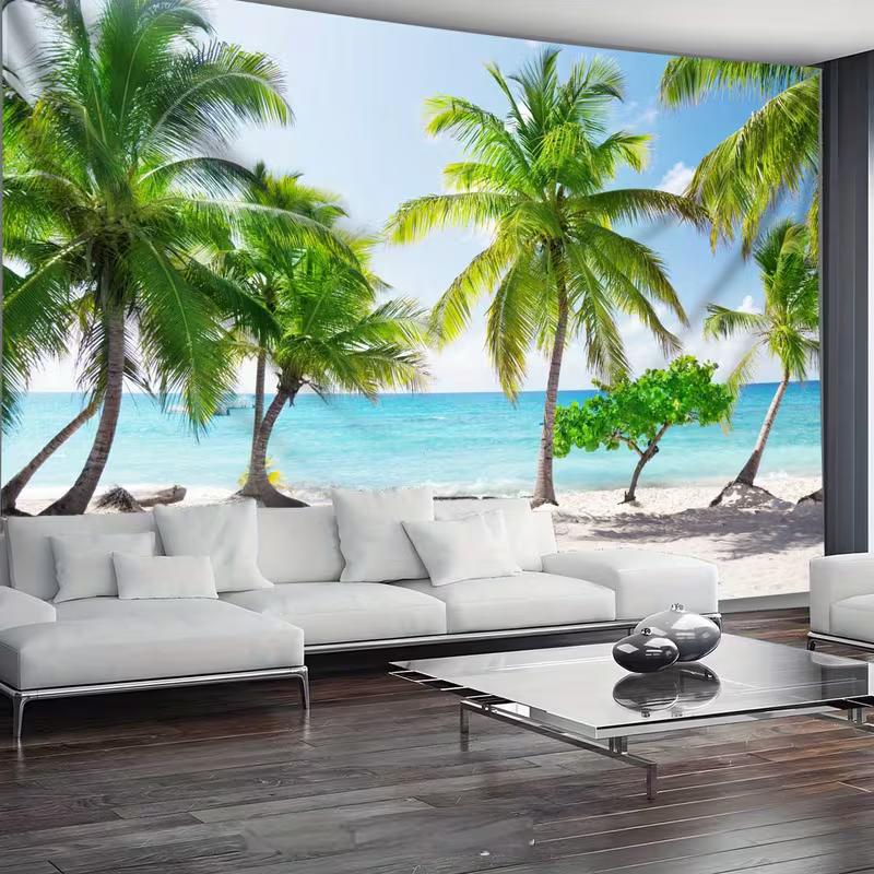 

2D Exotic Island Tapestry, Tropical Palm Trees with White Sand and Turquoise Water Wall Hanging 47.2x31.5inch/120*80cm