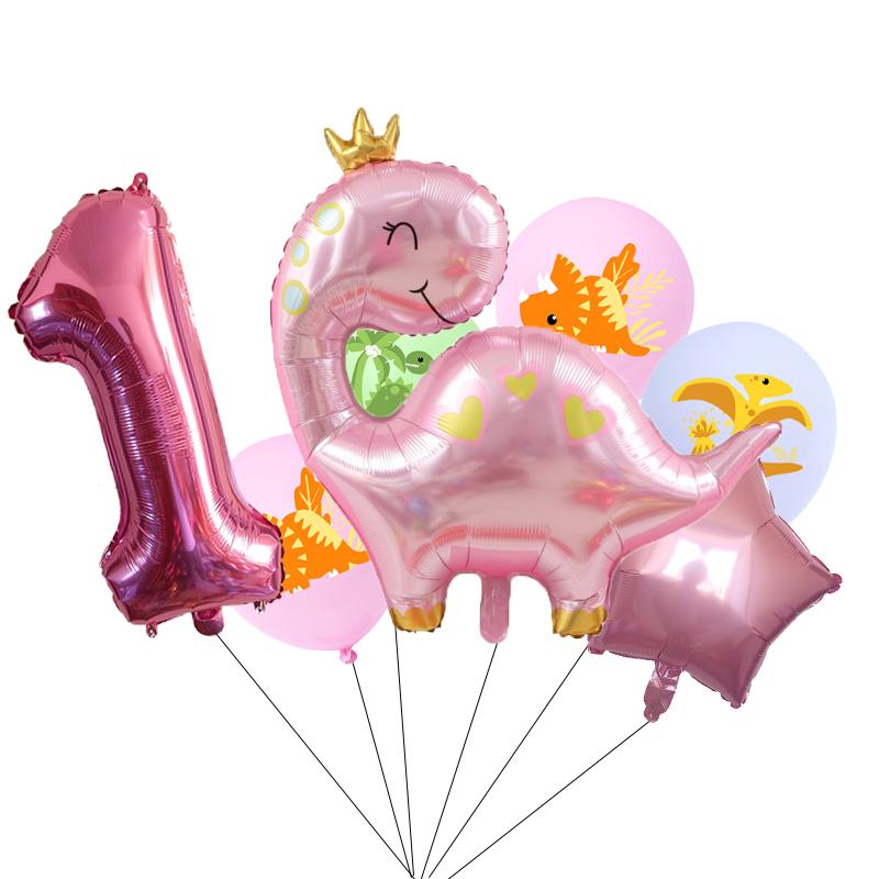1set Pink Crown Dinosaur Foil Balloons 32 Inch Number Helium Balloon Baby Girl Children‘s Birthday Party Decorations Kids