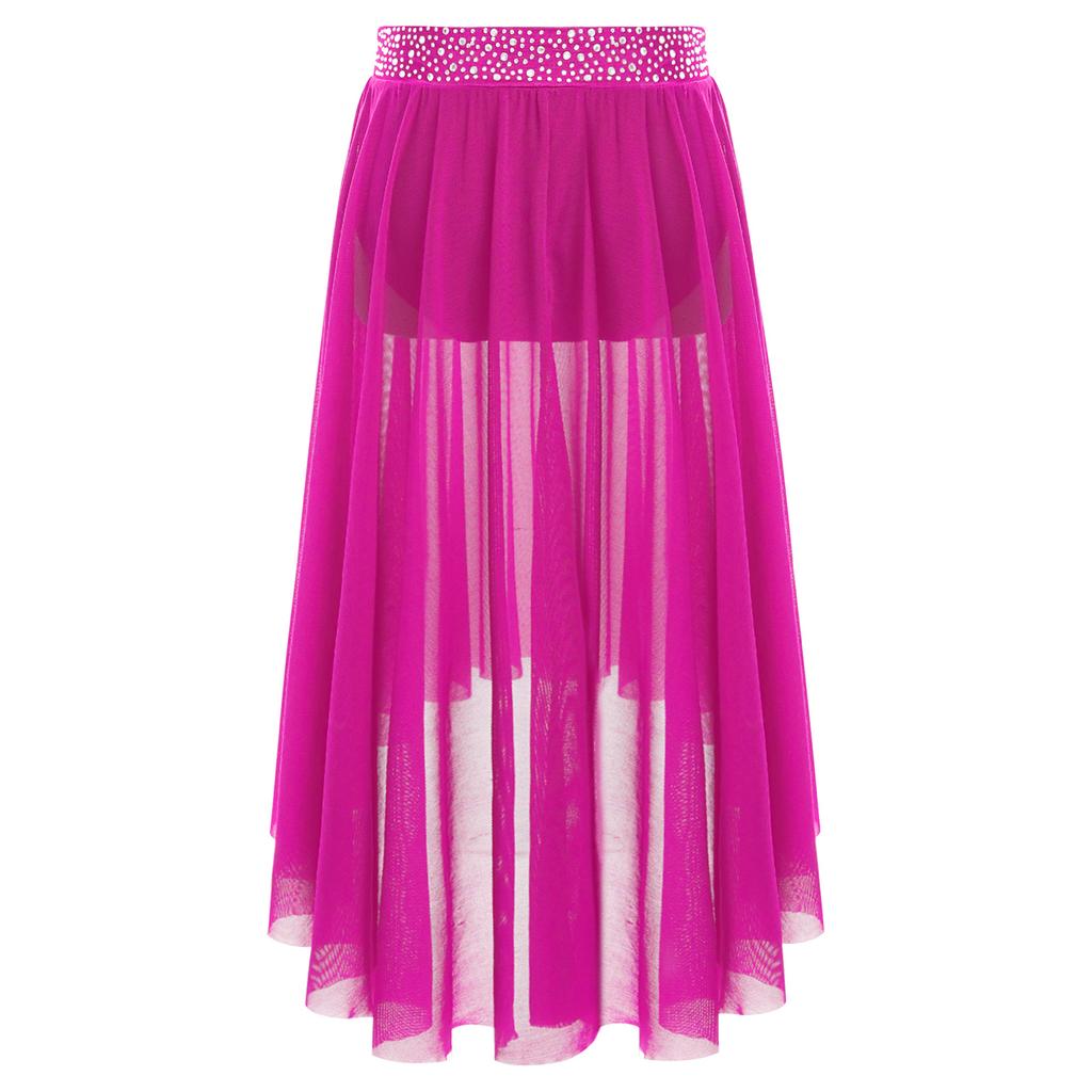 Girls Lyrical Contemporary Modern Dance Skirts Shiny Rhinestones Waistband Side Slit High Low Irregular Mesh Skirt Performance Costume
