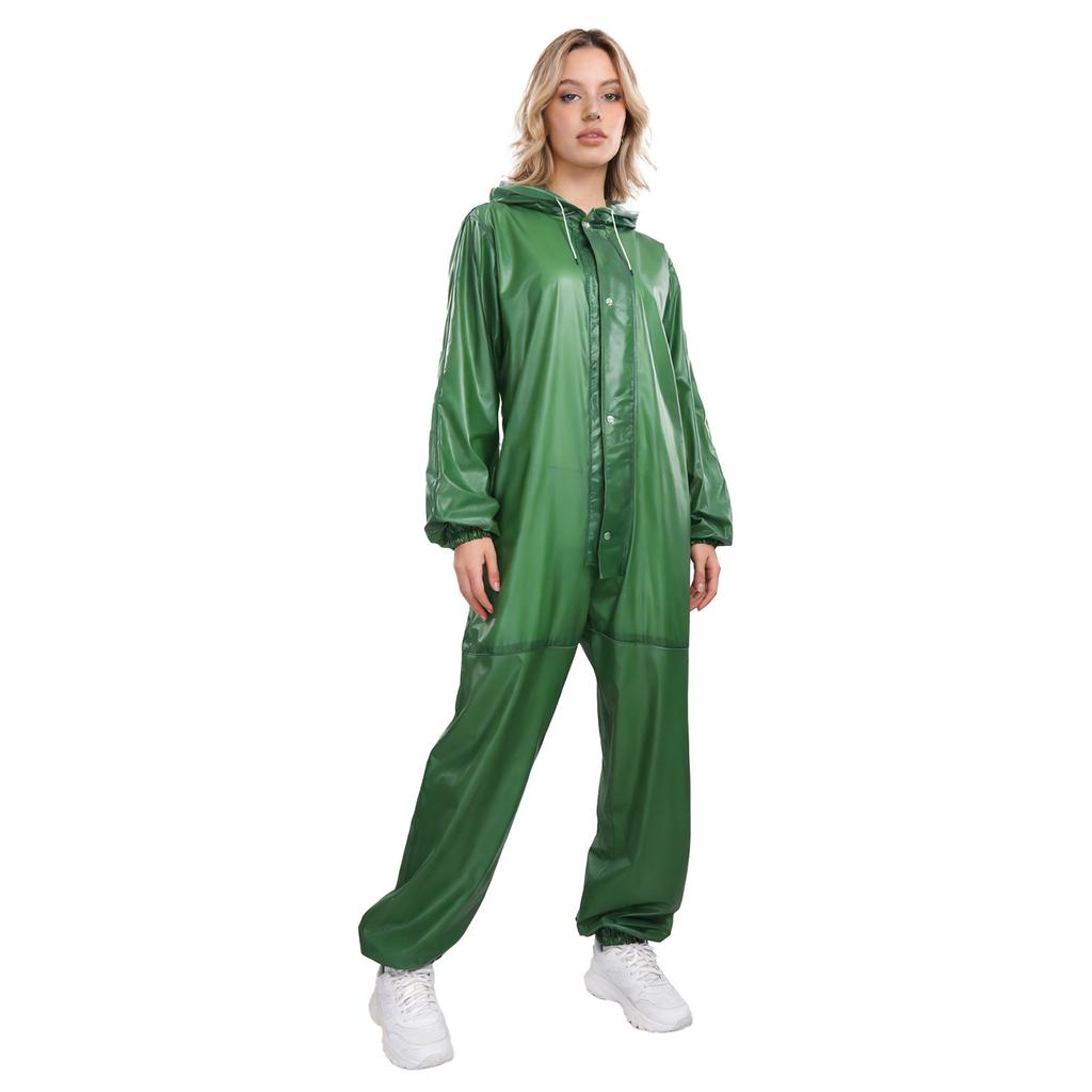 Unisex Full Body Hooded Raincoat Drawstring Hood Front Button Zipper One Piece Waterproof Jumpsuit Workwear