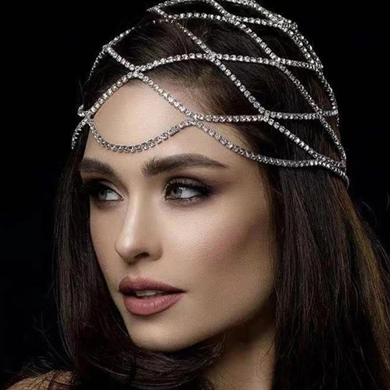 1Pc Hollow Rhinestone Mesh Headpiece Wedding Head Chain Jewelry For Women Luxury Crystal Headband Head Cap Hat Hair Accessories