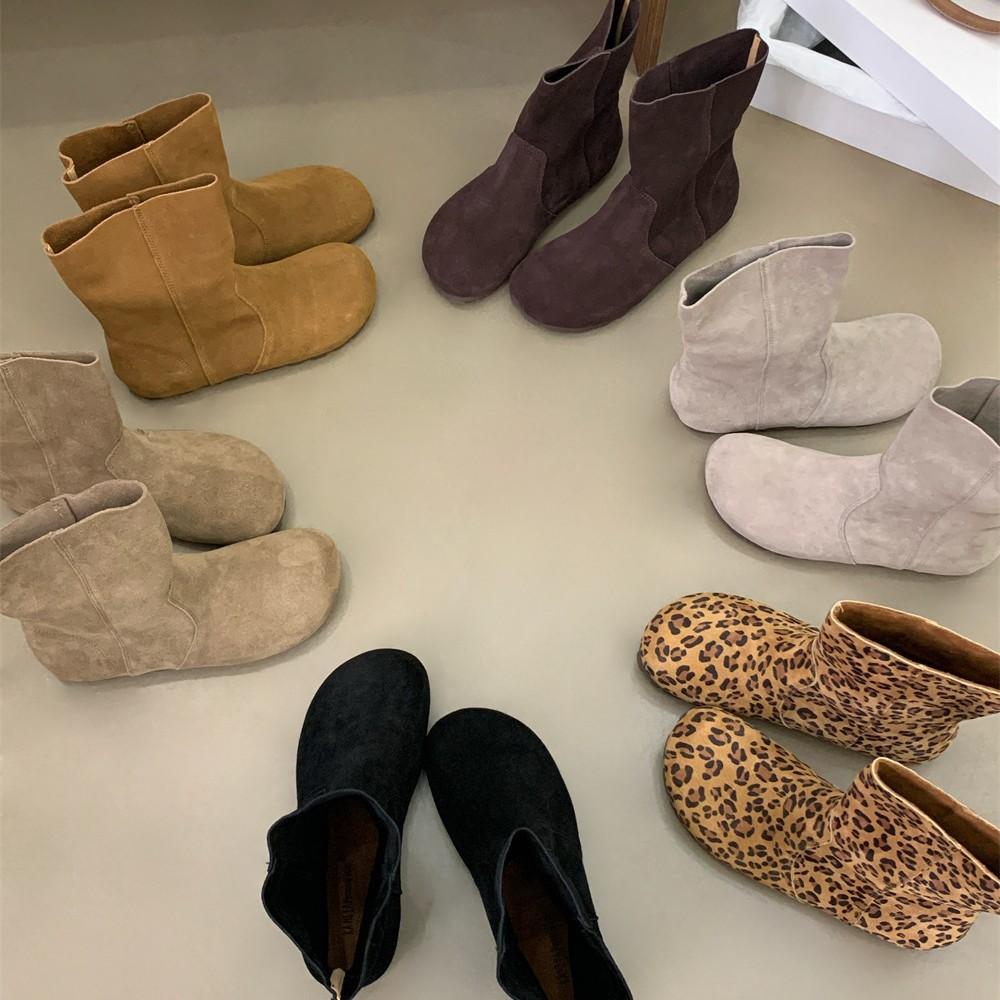 2025 Autumn and Winter New Round Head Leather Matte Thin Casual Thick Bottom Boken Low Tube Women's Short Boots
