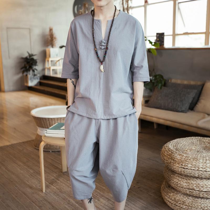 Summer Cotton Linen Shirt Set Men's Casual Outdoor 2-Piece Suit Andhome Clothes Pajamas Comfy Breathable Beach Short Sleeve Sets