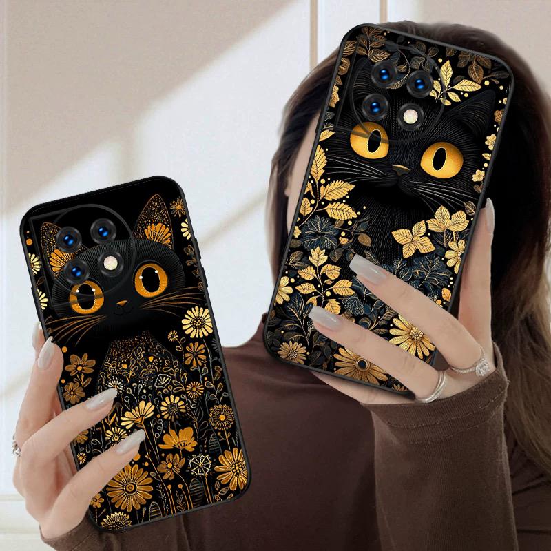 Flower Cat Black For Oneplus 8T 9 9R 10 Pro 11 12 13 13R 5G ACE 5 Nord2 4 CE 3 4 Lite N20 SE N200 silicone soft phone case