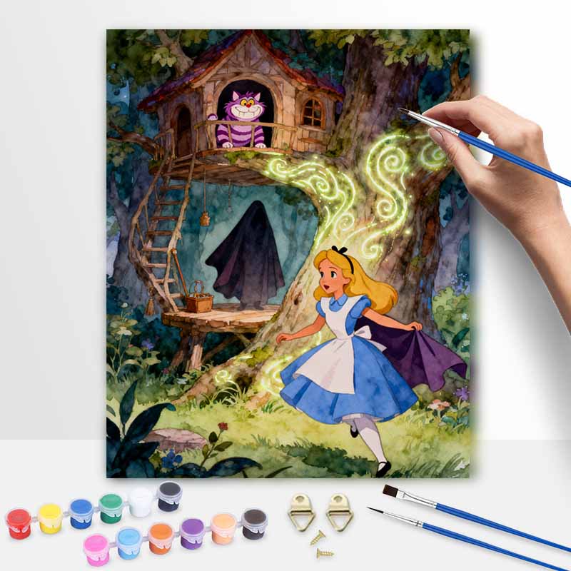 Disney Oil Painting Handcolored Painting Alice In Wonderland Forest Treehouse Cat Living Room Decoration Hanging Painting Wall Painting