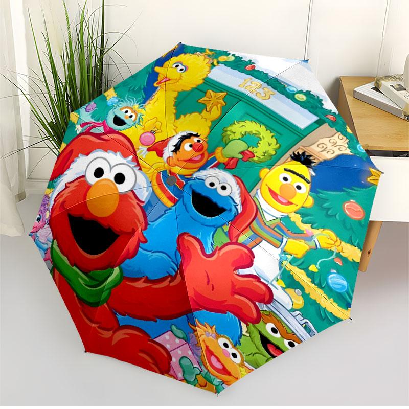 Sesame Street Print Automatic Open Close Umbrella, Portable Foldable Umbrella, for Outdoor Commute Camping Trip, Ideal Birthday Gift