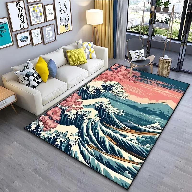 1PC Japanese Art Kanagawa Waves Carpet for Living Room Home Decor Large Area Rug Bedroom Floor Rug Non-slip Easy Washable Mat