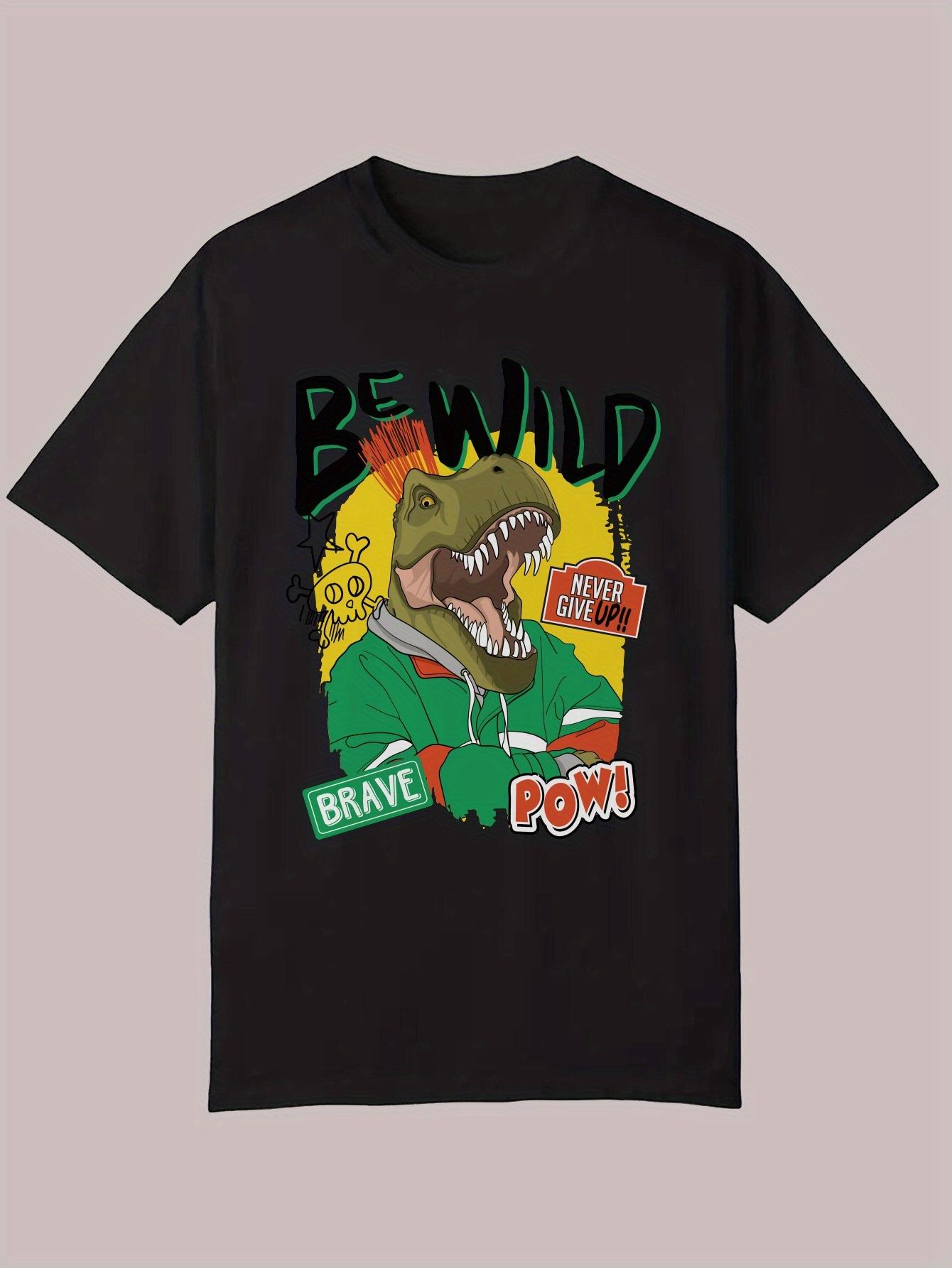 Graphic T-shirt - Black Dinosaur Print with BE WILD & Brave & Power Text - 100% Polyester Casual Summer Tee S