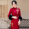 Womens Long Sleeve Winter Cheongsam Dress Red Beige Chenille Jacquard Warm Lined Vintage Style Full Length