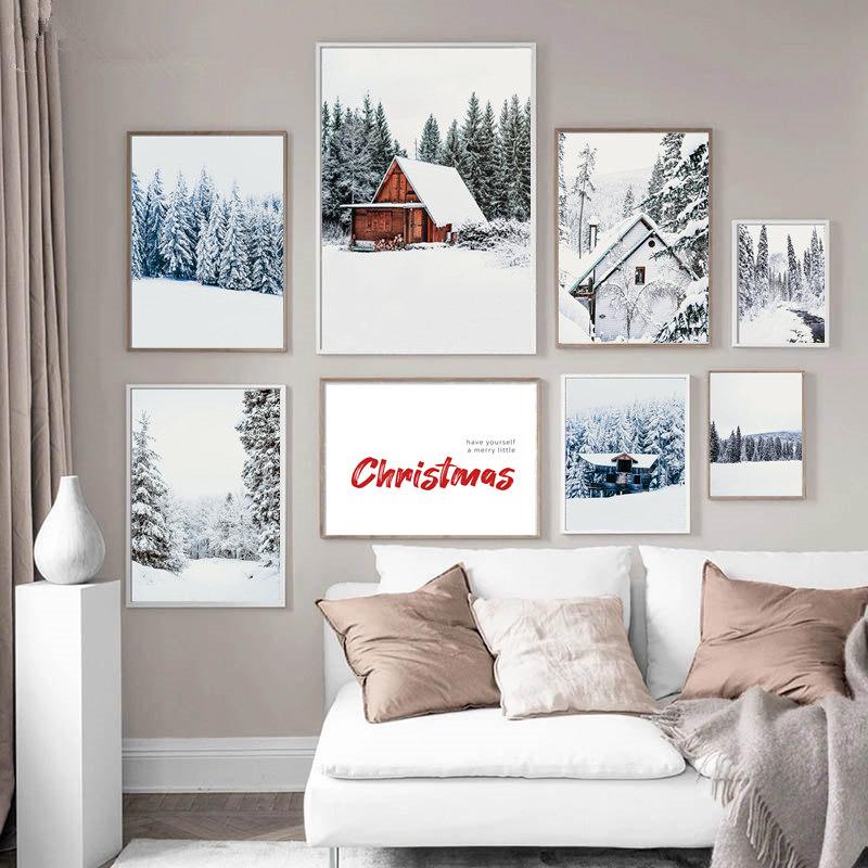 

Christmas Winter Snow Forest Red House Wall Art Paintings Christmas Posters and Prints Nordic Home Art