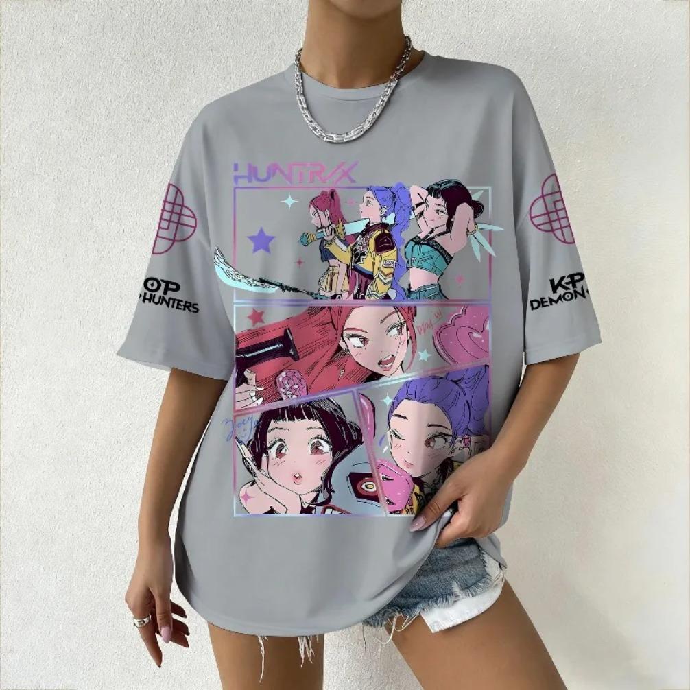 Women's Summer KPop Demon Hunters Graphic T-Shirt HUNTRX Comic Style Character Printed Top for Fashion Streetwear Casual Daily