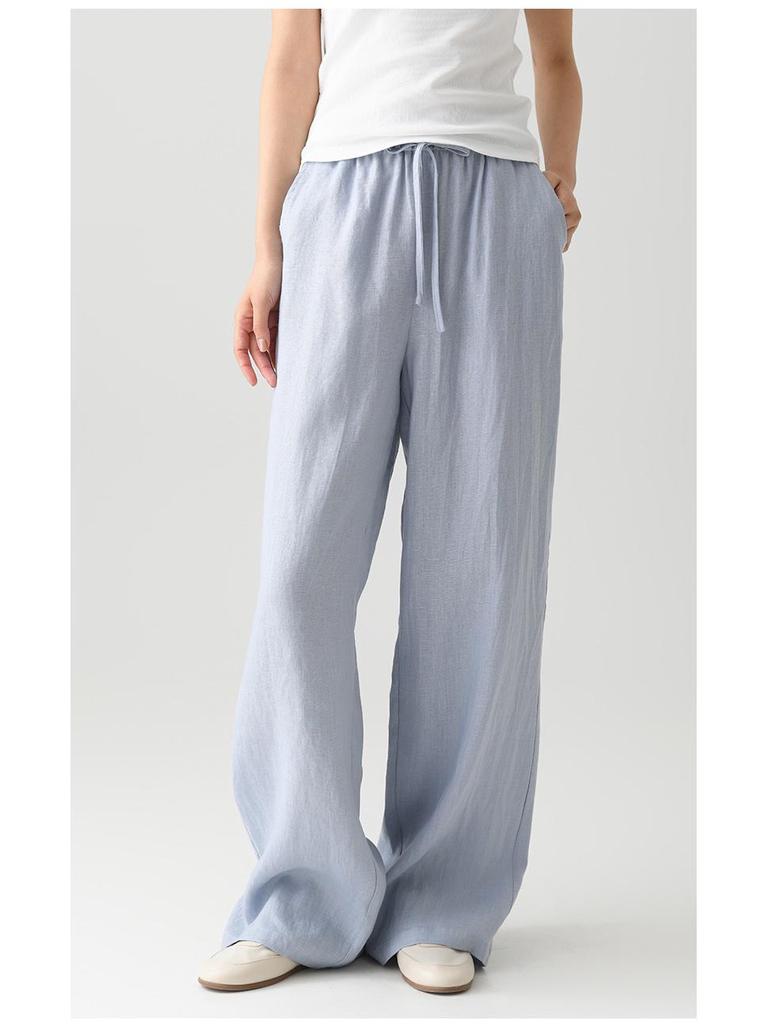 Women's Pure Linen Wide-Leg Pants - White, Summer Style, Loose Fit, High-End, Relaxed Feel
