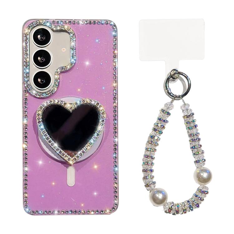 Sparkling IMD Heart-Shaped Mirror Magnetic Phone Case with Bracelet For Samsung Galaxy S24 FE 5G