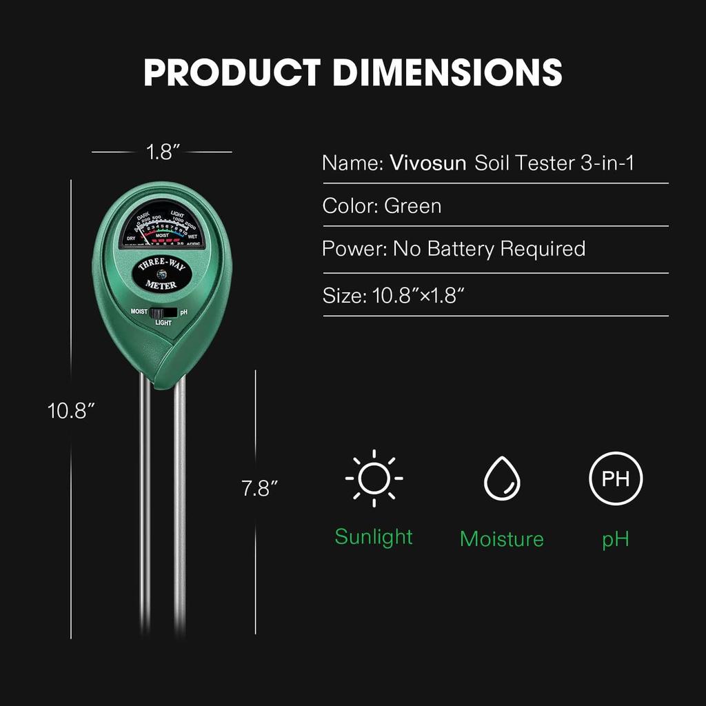 3-in-1 Plant Moisture Meter, pH/Light Meter Soil Test Kit for Indoor, Soil Moisture Meter for House Plants for Garden Lawn, Farm