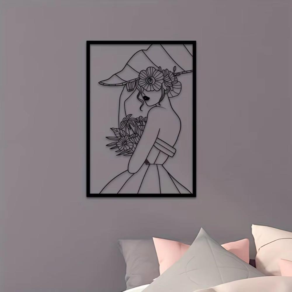 Vintage Lady Metal Wall Art - Modern Black and Gold Drawing | Minimalist Abstract Female Single Line Art for Home Decor