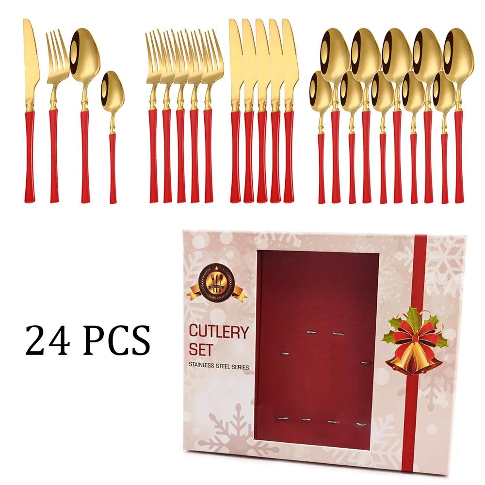 Christmas 24Pcs Cutlery Sets Stainless Steel Dinnerware Dinner Flatware Knife Fork Tea Spoon Luxury Kitchen Tableware Gift Box