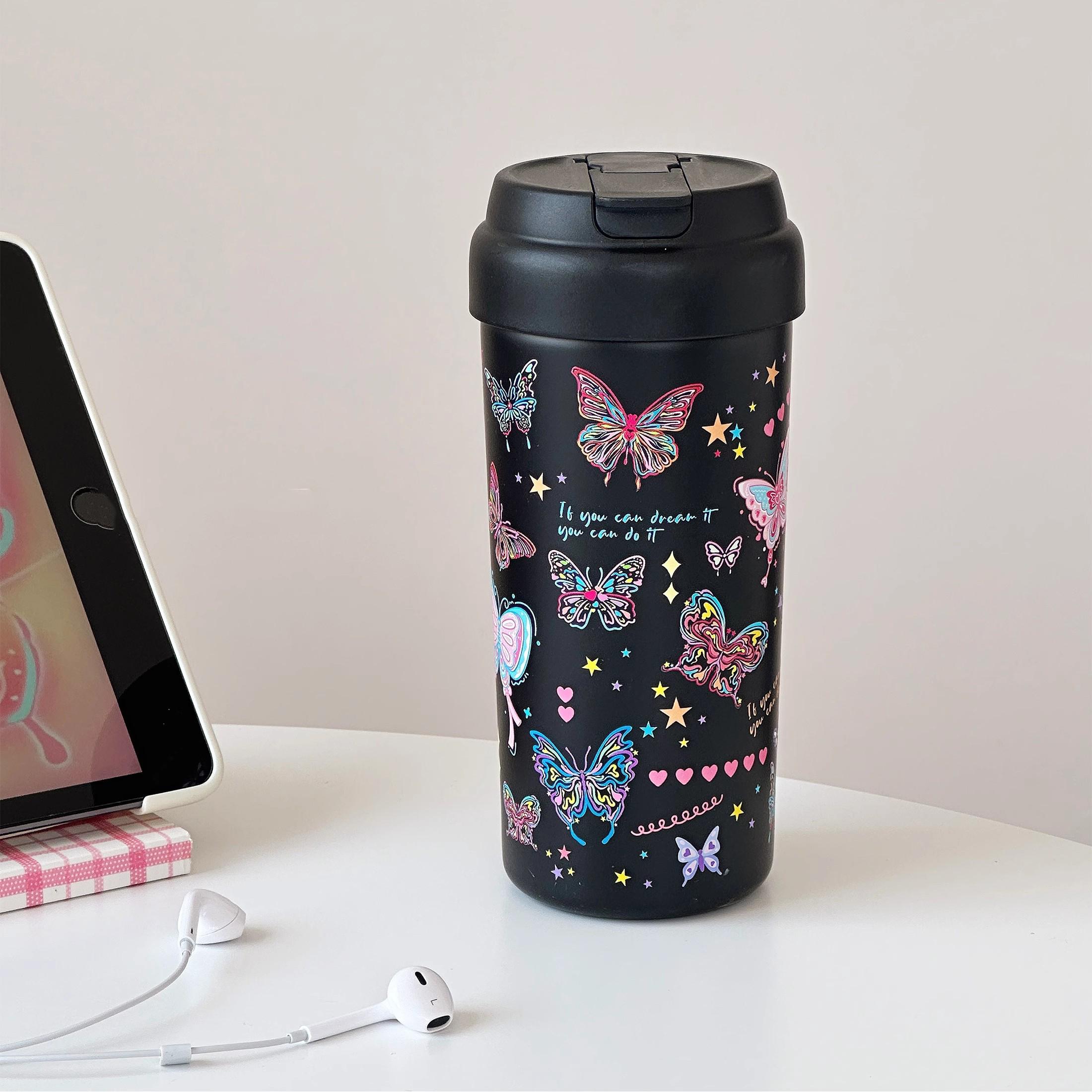 

Kawaii Butterfly Tumbler Coffee Cups Cute Tea Thermos Cup Герметичная термокружка из нержавеющей стали для воды с фильтром и соломинкой 550ml