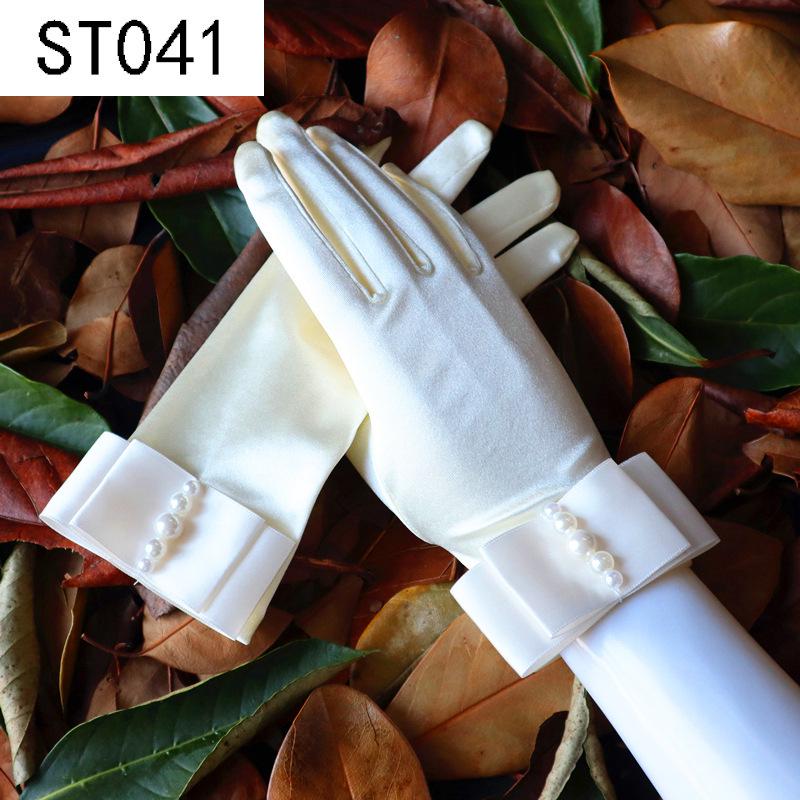 Lace Pearl Satin Bridal Gloves - Short Wedding Photo Accessory